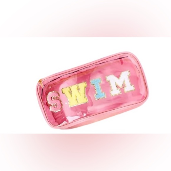 Pink “SWIM” Transparent Cosmetic Bag - Patched Lettering - Picture 2 of 4